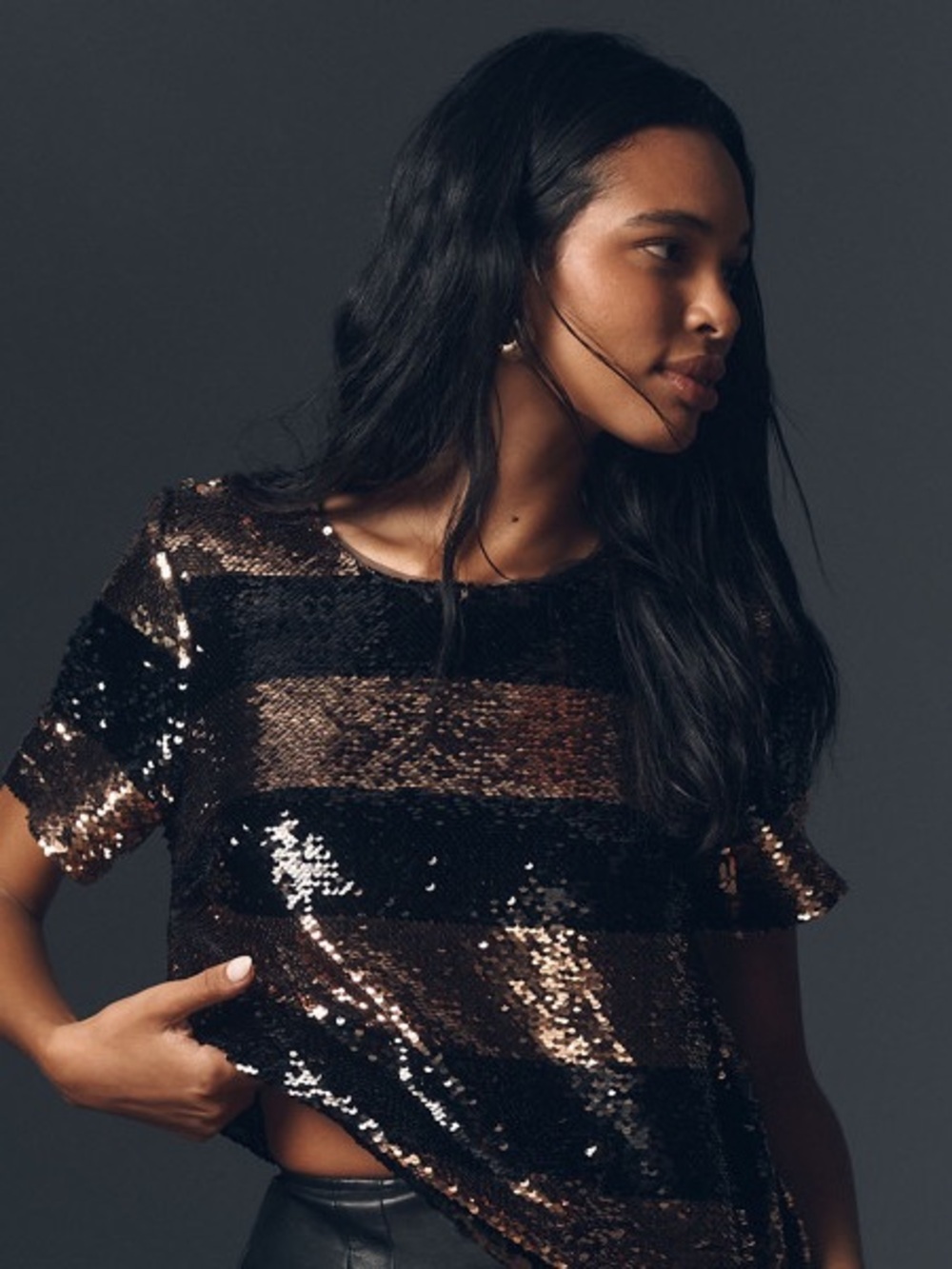 Maeve Striped Sequin Short-Sleeve Top in Black and Rose Gold